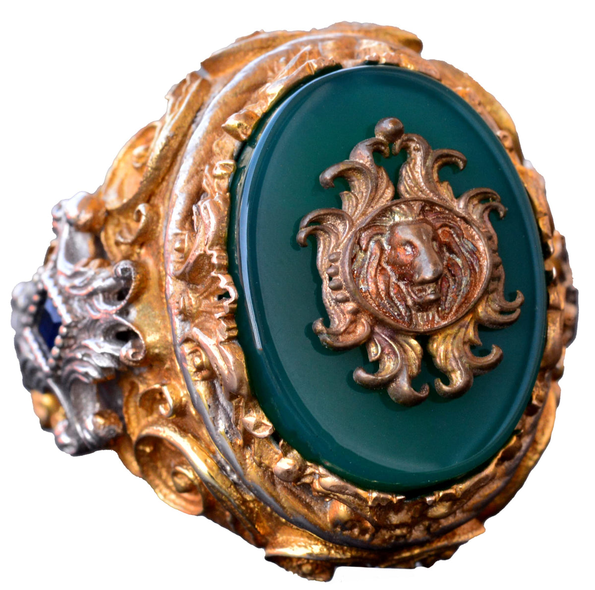 Jade Stone Ring - 925 Sterling Silver Ring - Handmade Men's Gold Plated Ring (Lion)