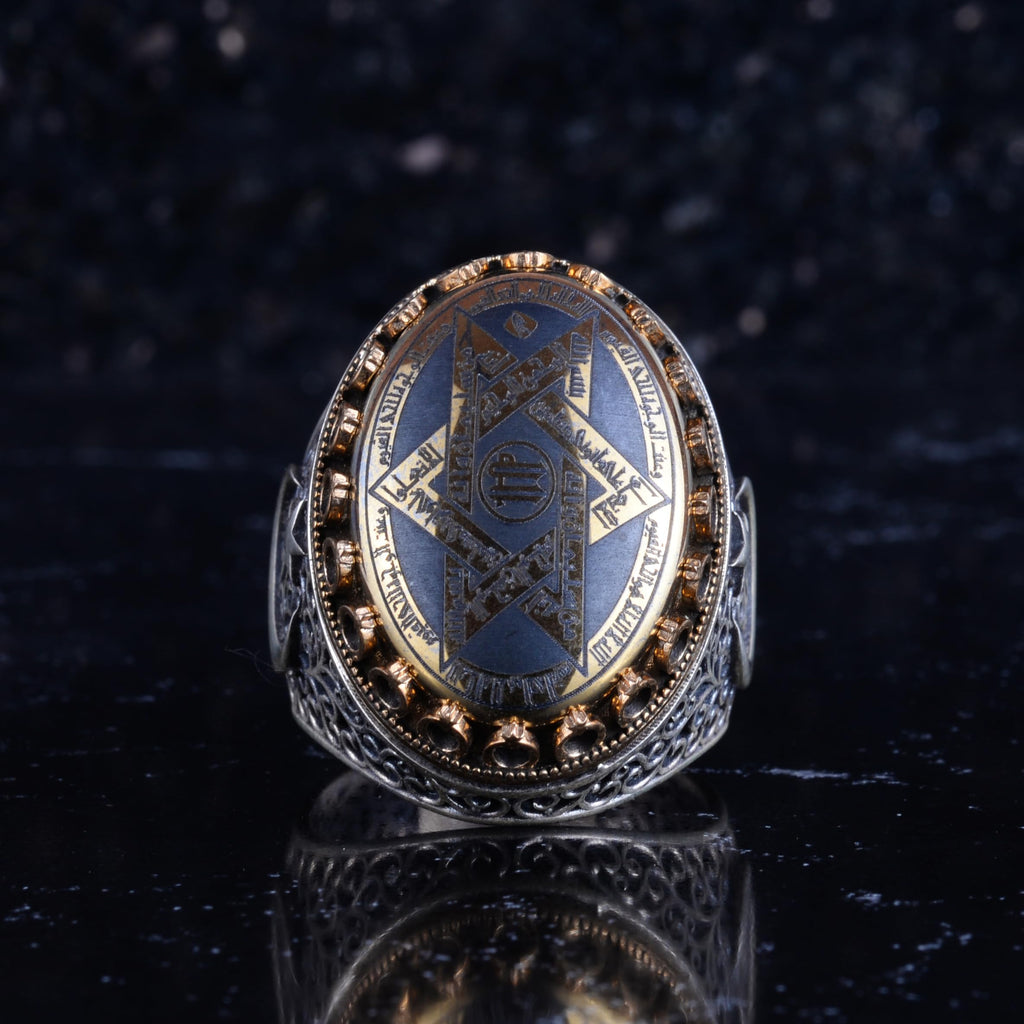 KAMBO Hematite Stone Star of David Men's Ring – Crescent Moon Star Detail and Bronze Framed 925 Sterling Silver Oval Seal Ring – Handmade Statement Jewelry — 3