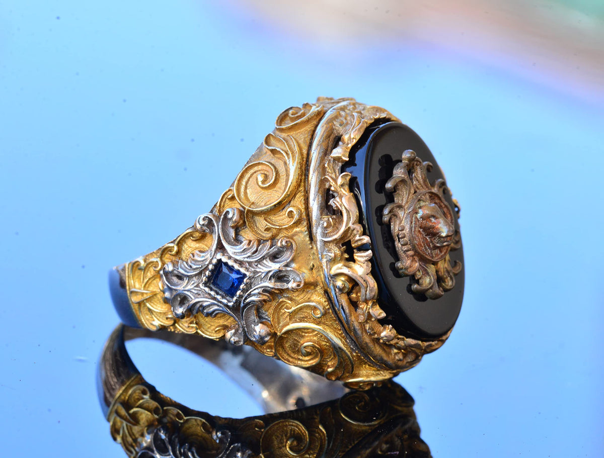 Handmade Onyx Ring - 925 Sterling Silver Men's Gold Plated Ring (Lion) — 4