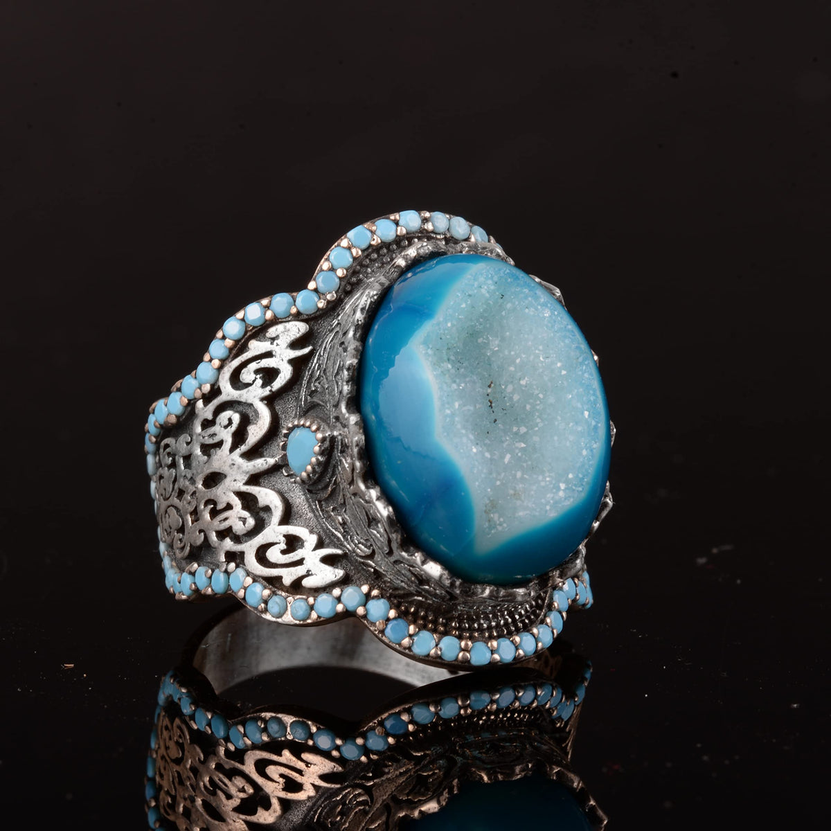 Handcrafted 925 Sterling Silver Men's Ring - Natural Stone (Drusy Quartz) — 6