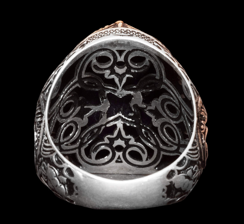 KAMBO Men's Handmade 925 Sterling Silver Ring with Natural Cabochon Sapphire Gemstone, Islamic Religious Design, Vintage