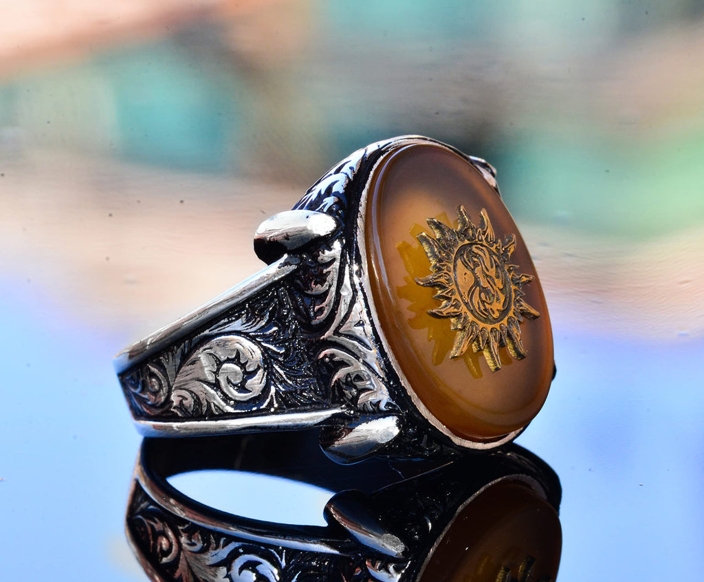 925 Sterling Silver Men's Ring with Created Yellow Agate Stone, Sun Design