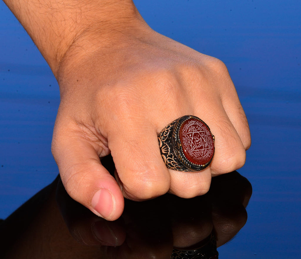 Handcrafted Solomon's Seal Ring, Genuine Red Agate Stone, Islamic Men's Ring, 925 Sterling Silver — 7