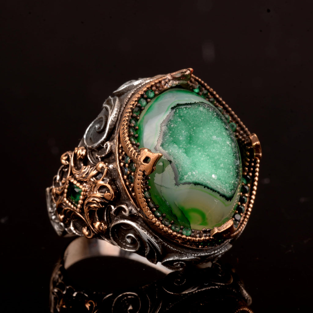 925 Sterling Silver Ring, Natural Drusy Crystal Quartz Stone Ring — 6