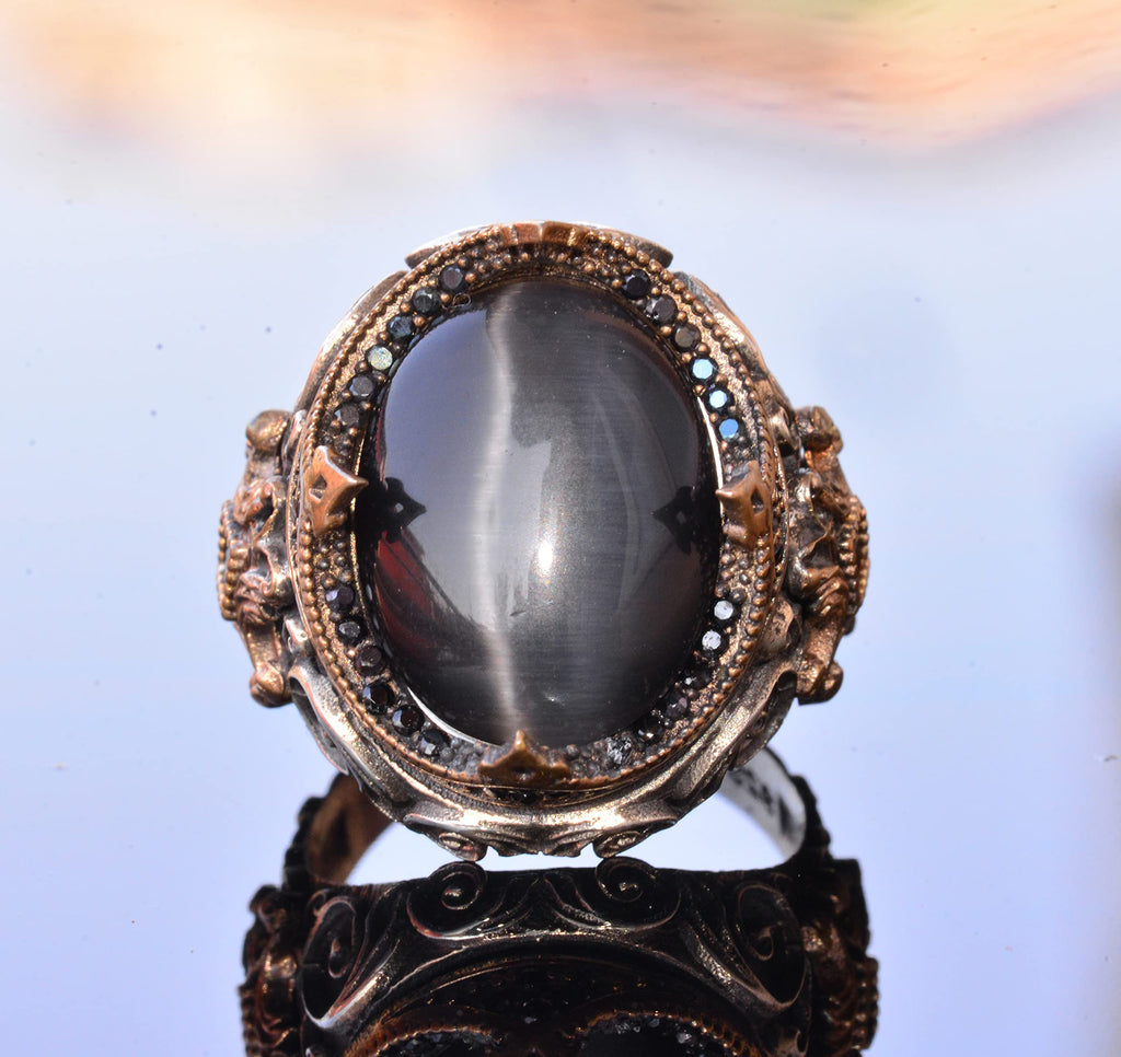 Handmade Synthetic Stone Ring - 925 Sterling Silver Men's Jewelry (Black Cat's Eye) — 7