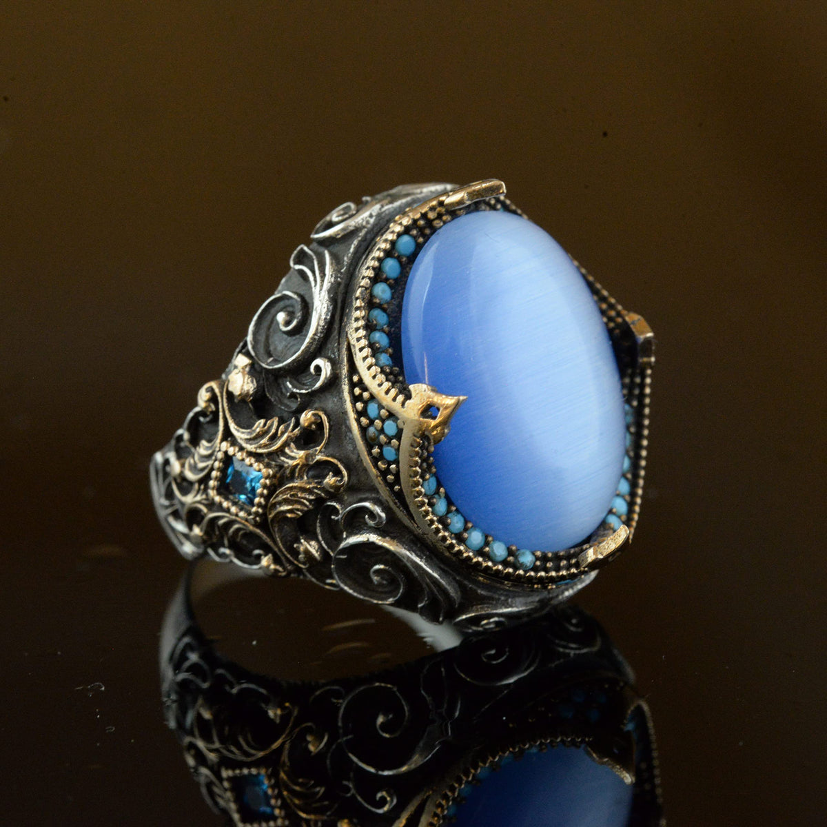 Handcrafted Artificial Stone Ring - 925 Sterling Silver Men's Jewelry (Blue Cat Eye) — 5