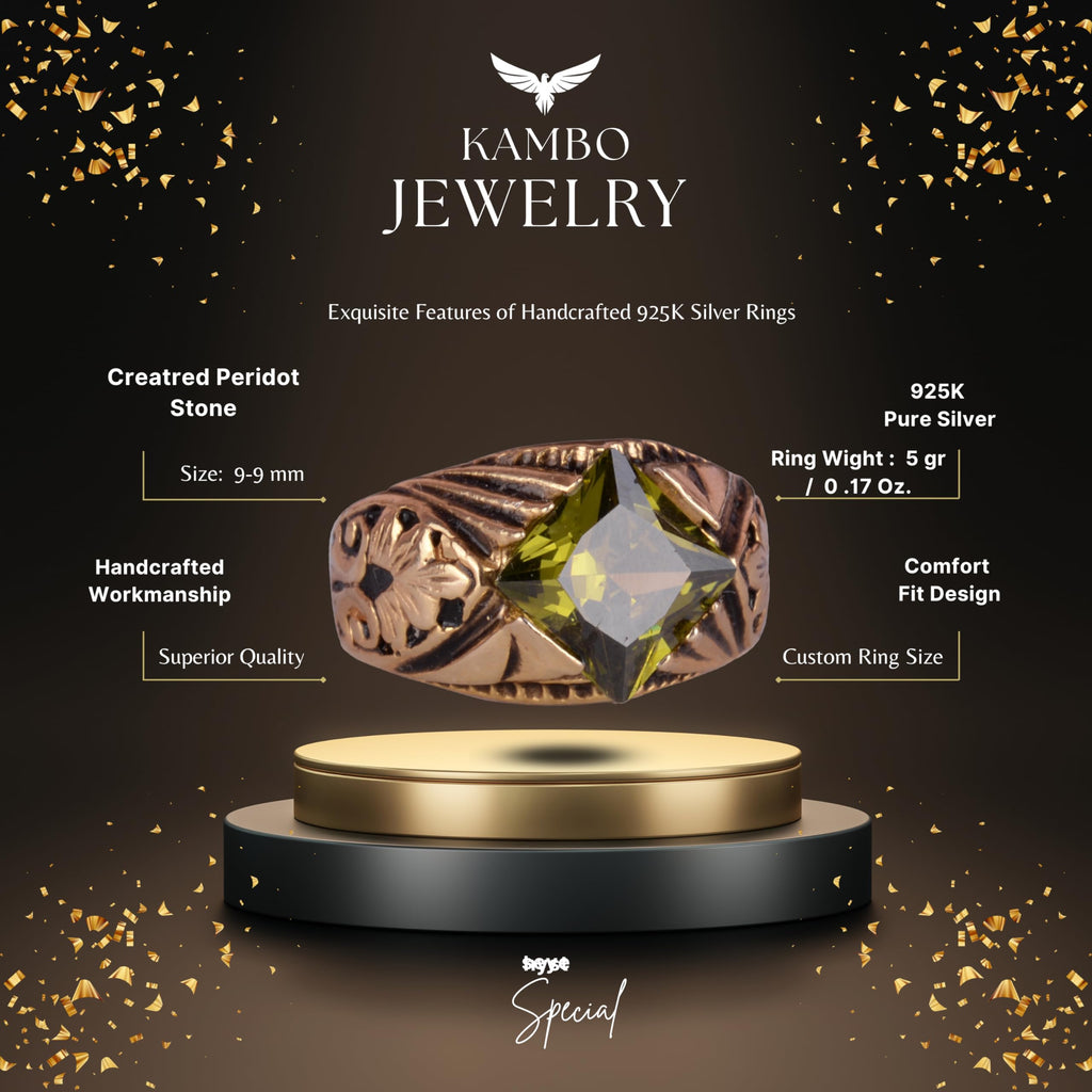 KAMBO Handmade Modern Men's Ring with Created Peridot Gemstone, Gold Plated 925 Sterling Silver, Elegant Statement Jewel