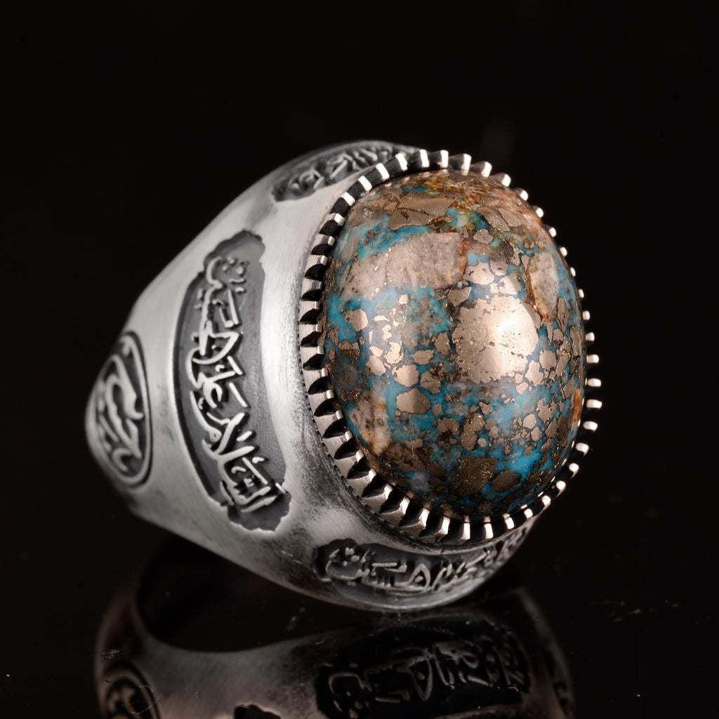 KAMBO Handmade 925 Sterling Silver Men's Ring with Genuine Natural Turquoise Stone, Islamic Calligraphy Design, Vintage 