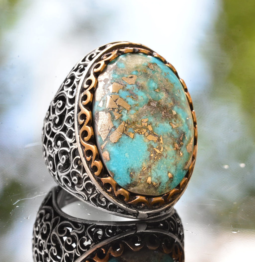 925 Sterling Silver Real Arizona Turquoise Stone Men's Ring (Model-2) — 3