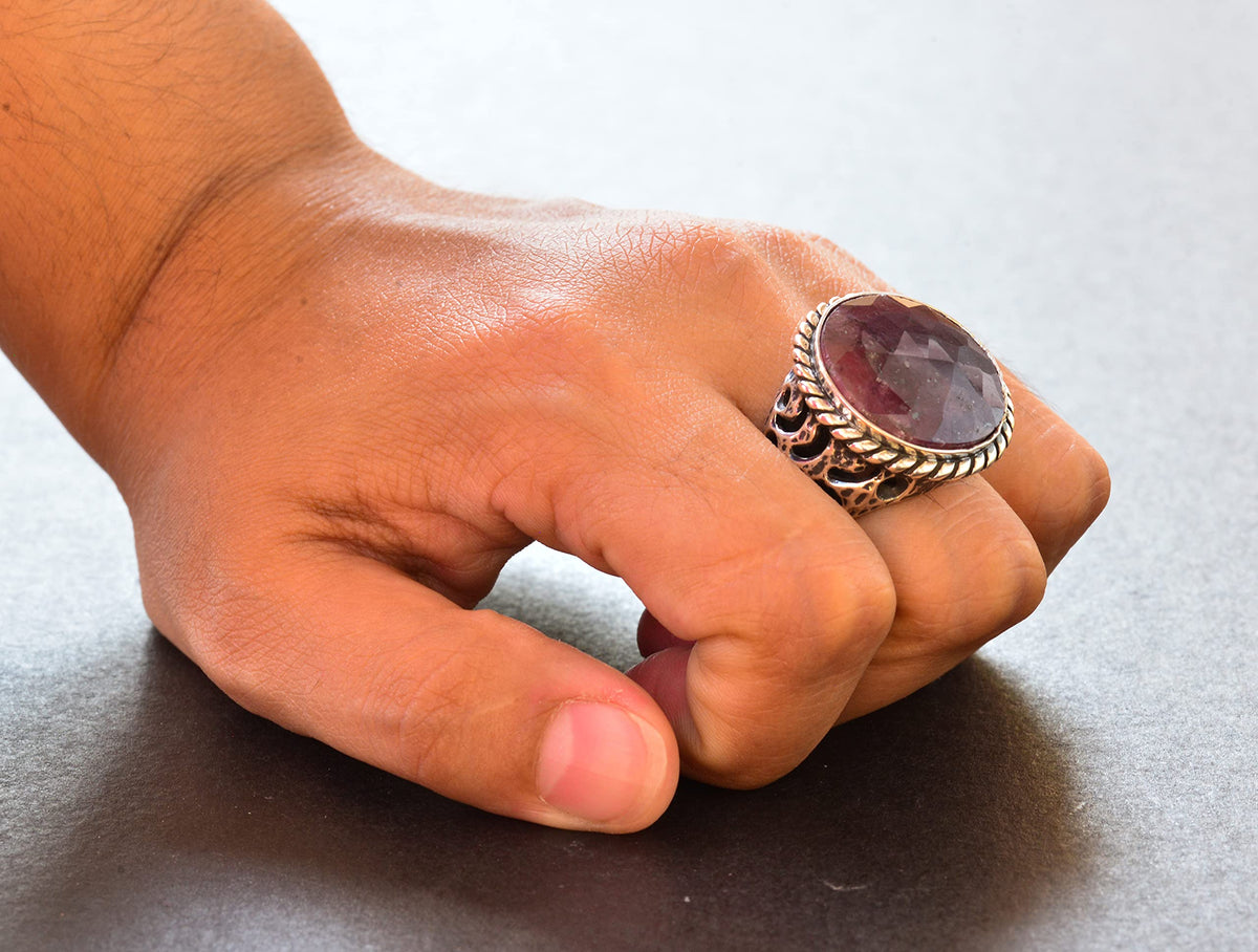 Sapphire Round Stone Ring - 925 Sterling Silver Men's Ring — 7