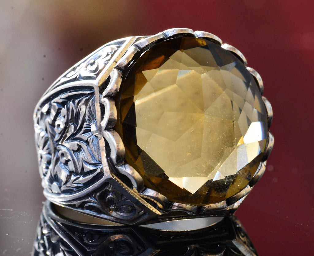 KAMBO Men's Handmade 925 Sterling Silver Ring with Created Round Smoky Topaz Stone, Vintage Byzantium Design, Statement 