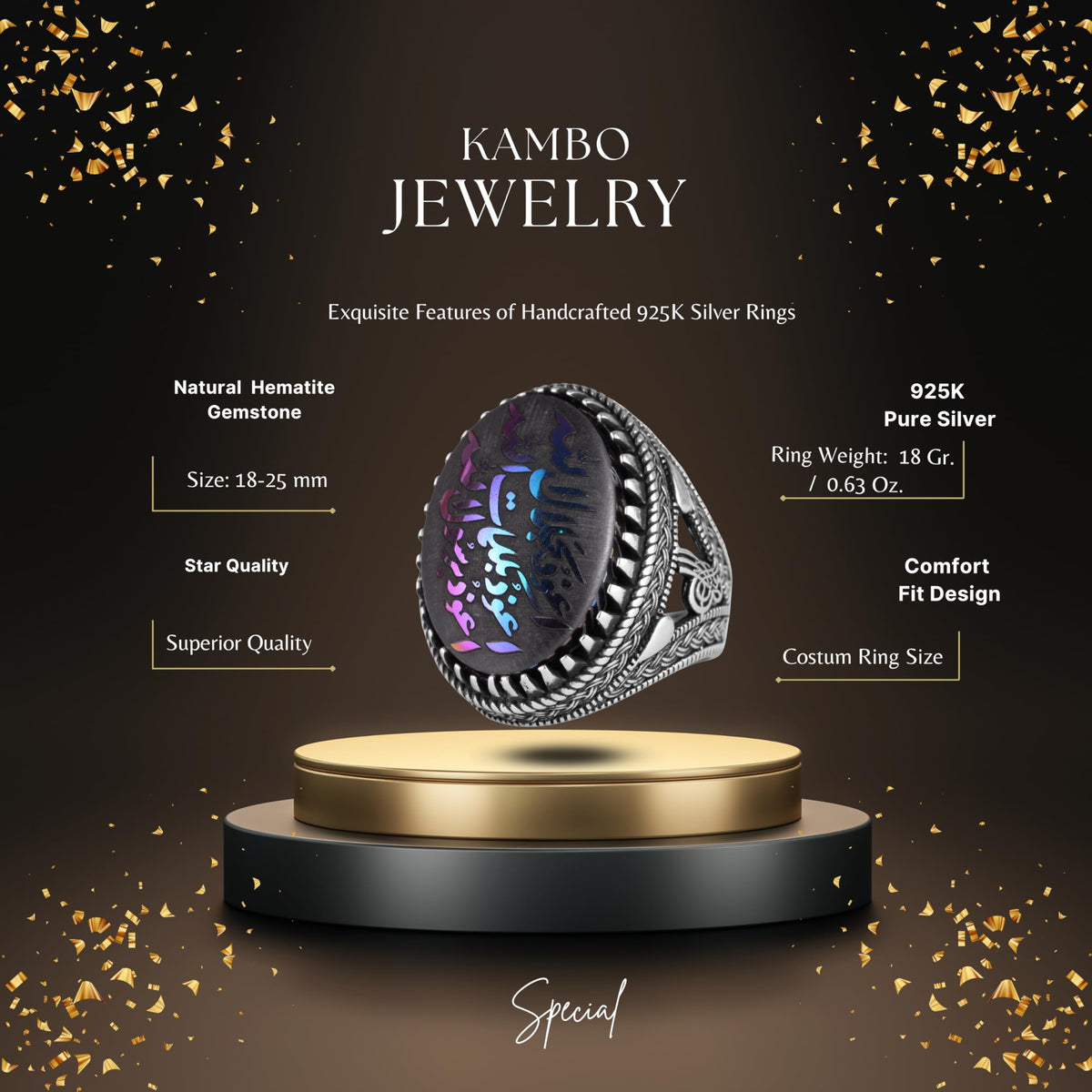 KAMBO Natural Hematite Stone Men's Ring – 925 Sterling Silver Islamic Hat Ring – Bismillahirrahmanirrahim Arabic Inscription Statement Ring — 2
