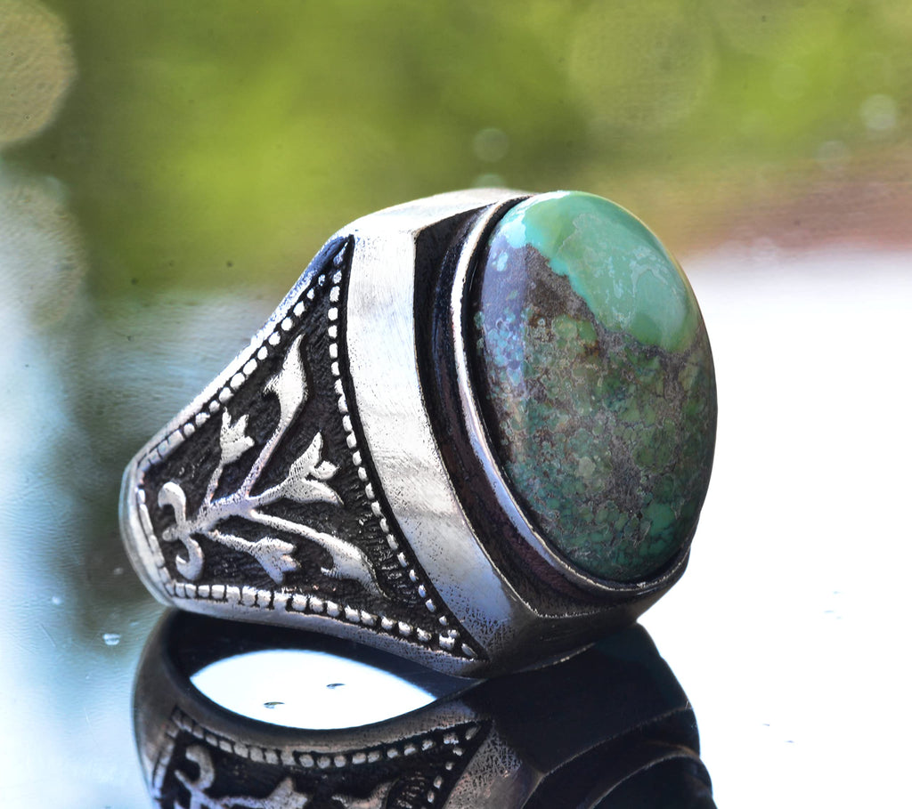 Natural Arizona Turquoise Stone Ring - Handmade 925 Sterling Silver Men's Ring — 4