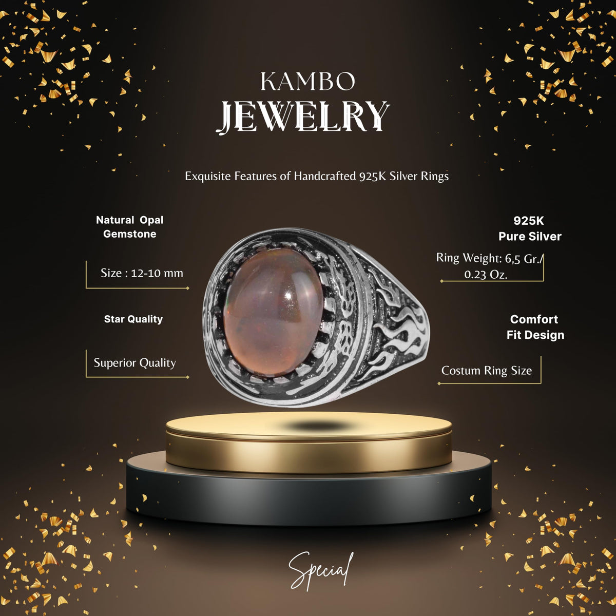 KAMBO Natural Opal 925 Sterling Silver Men's Ring – Fire-Inspired Side Design Handmade Statement Ring (Style-5) — 2