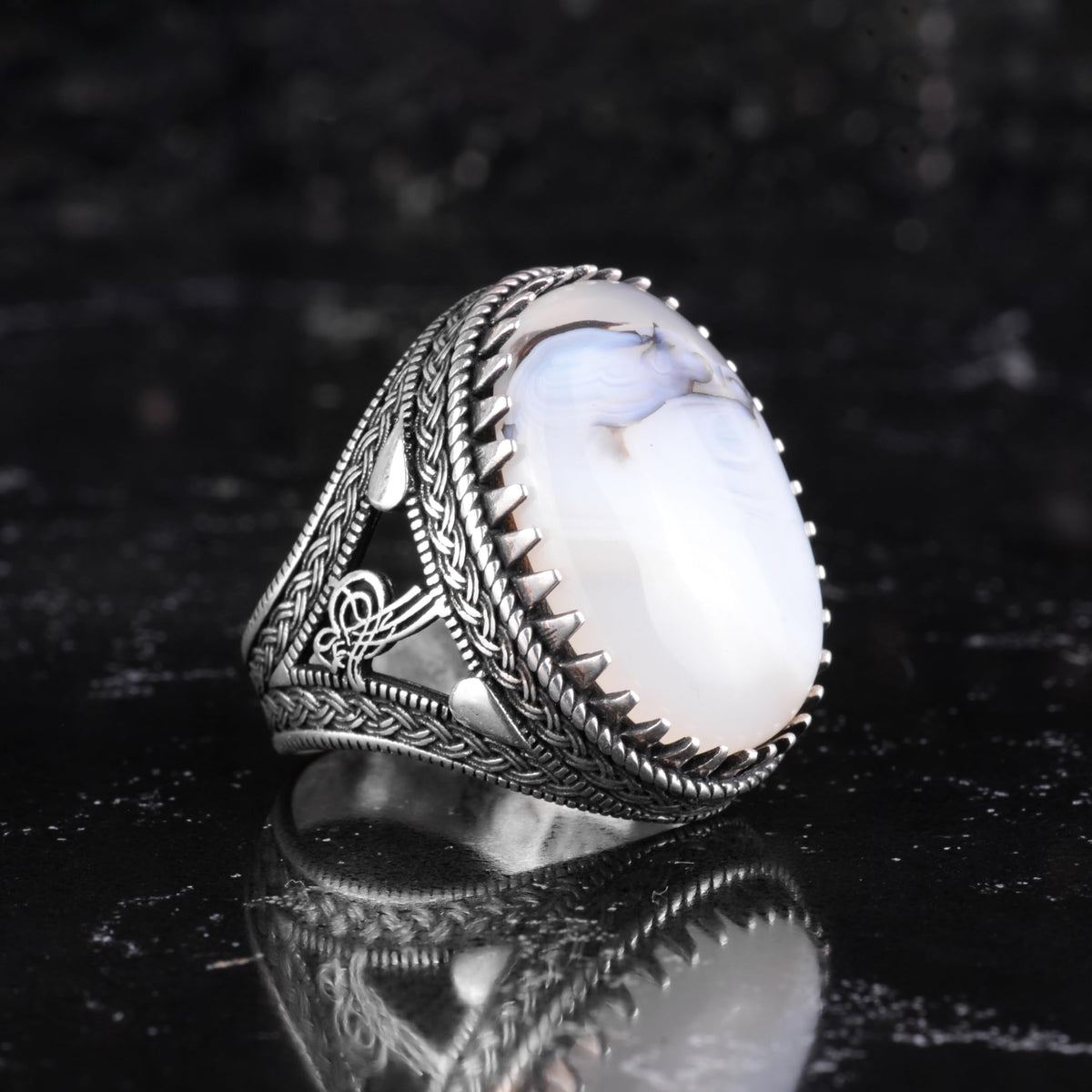 KAMBO Natural Yemen Agate Stone Men's Ring – 925 Sterling Silver Large Statement Ring – Handmade Ottoman Tugra Design Jewelry (Style-4) — 5