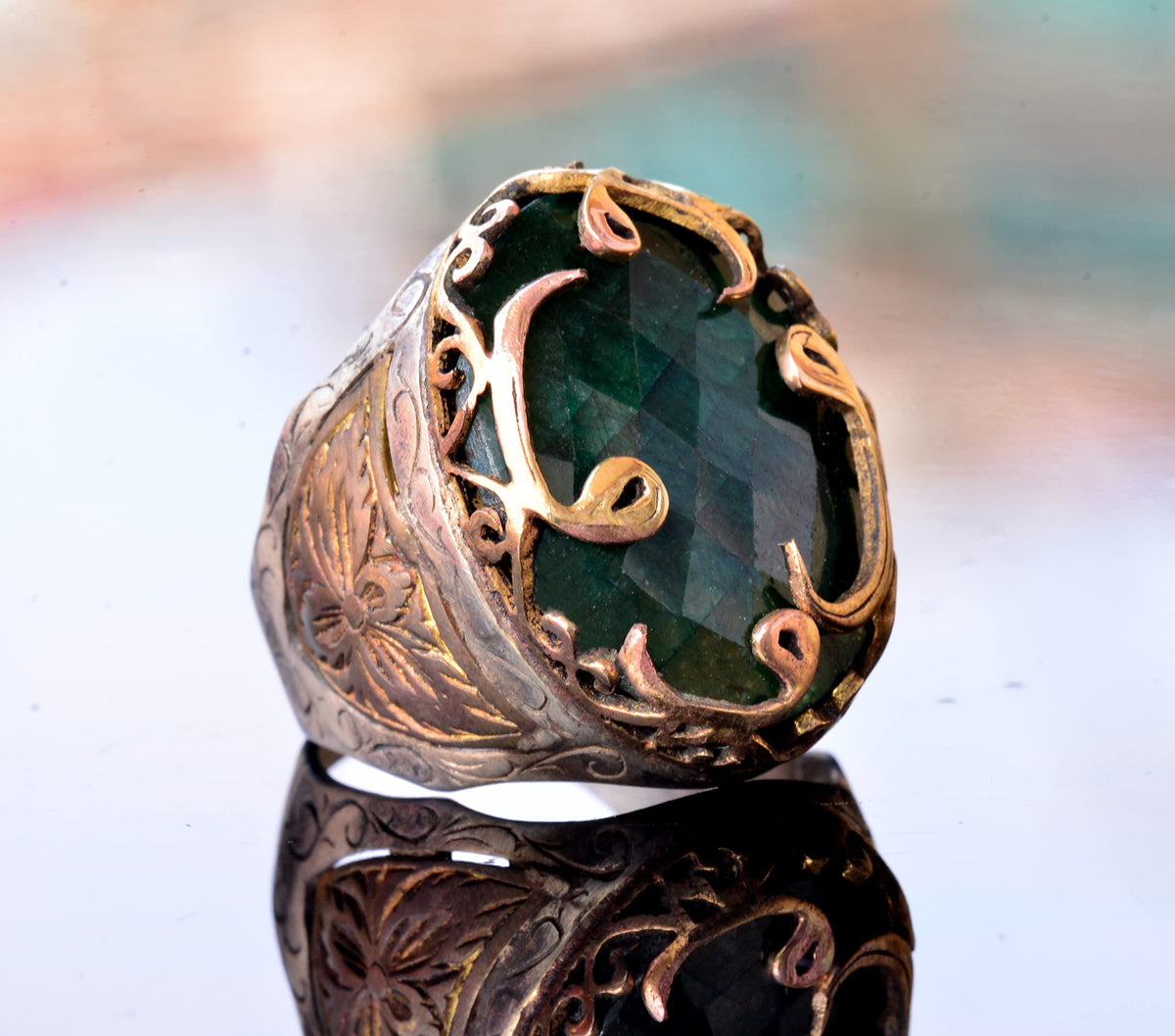 925 Sterling Silver Men's Ring - Ethnic Design - Real Emerald Natural Stone Ring — 3