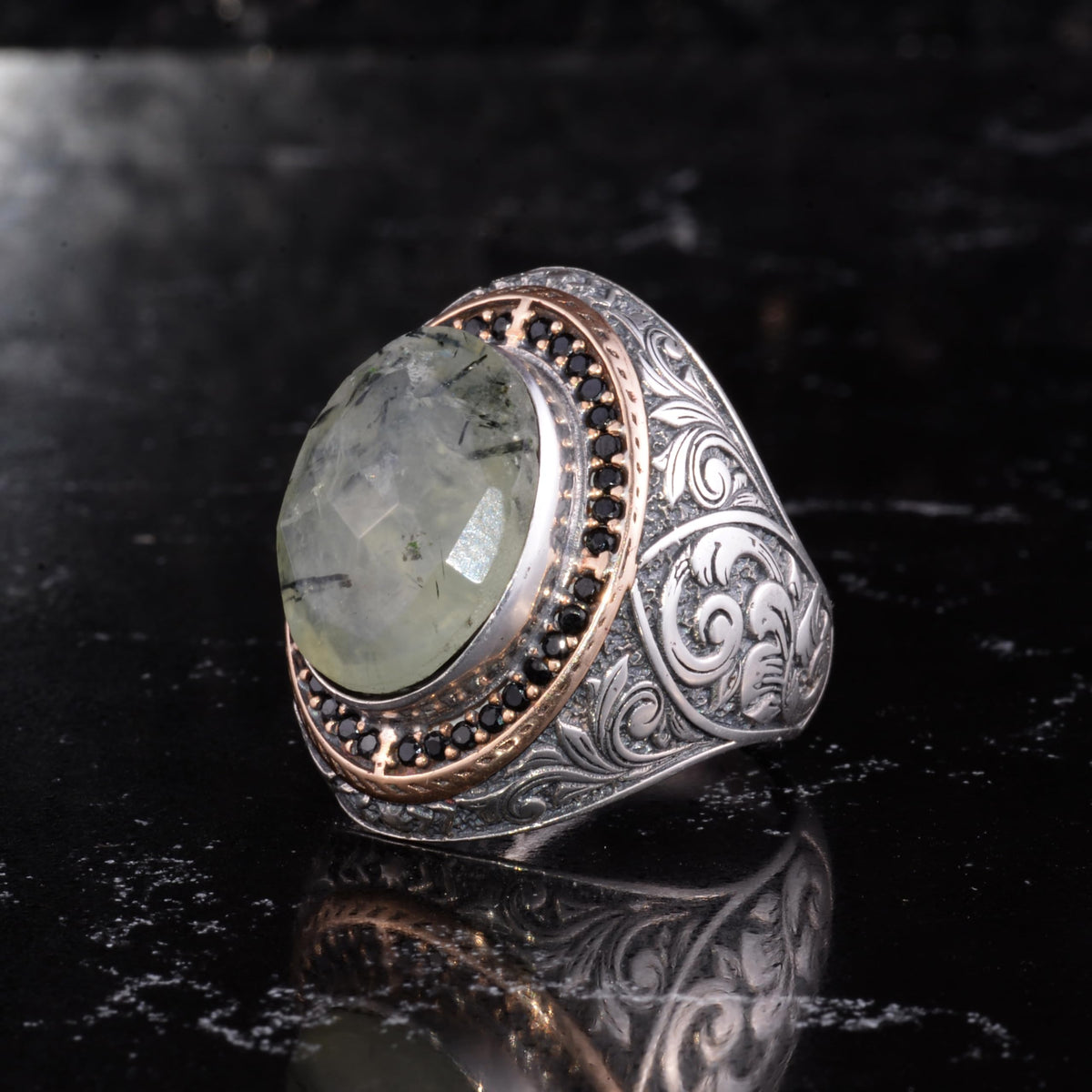 Men's Natural Stone Large Ring – Oval Stone Vintage Byzantine Engraved Statement Ring - Antique Filigree 925 Sterling Silver Jewelry (Prehnite) — 5