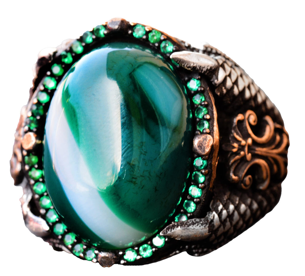 Handmade 925 Sterling Silver Men's Ring, Natural Green Agate Stone, Intricate Claw Design, Different Band Ring