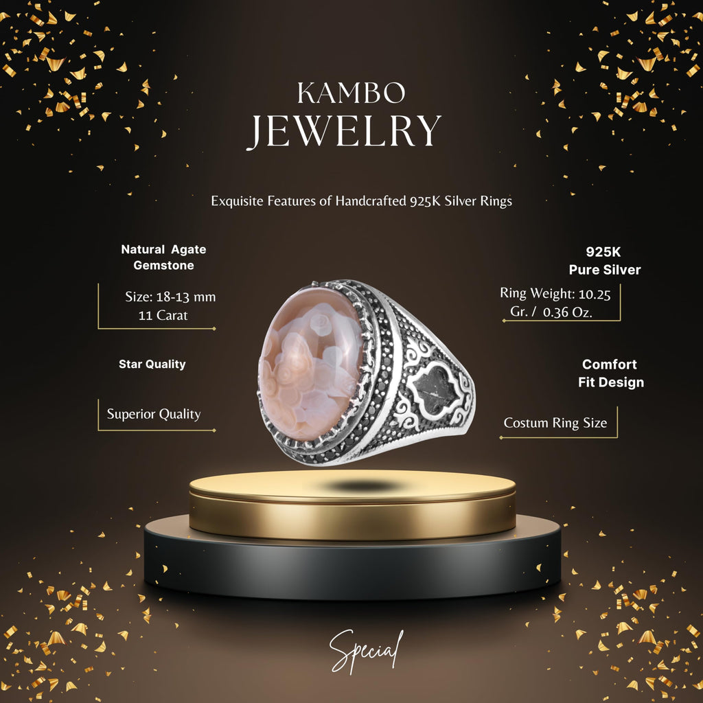 KAMBO Natural Agate Stone Men's Ring – Band Stone – 925 Sterling Silver Handmade Statement Ring – Vintage Ottoman Style Men's Jewelry (Agate-1) — 2