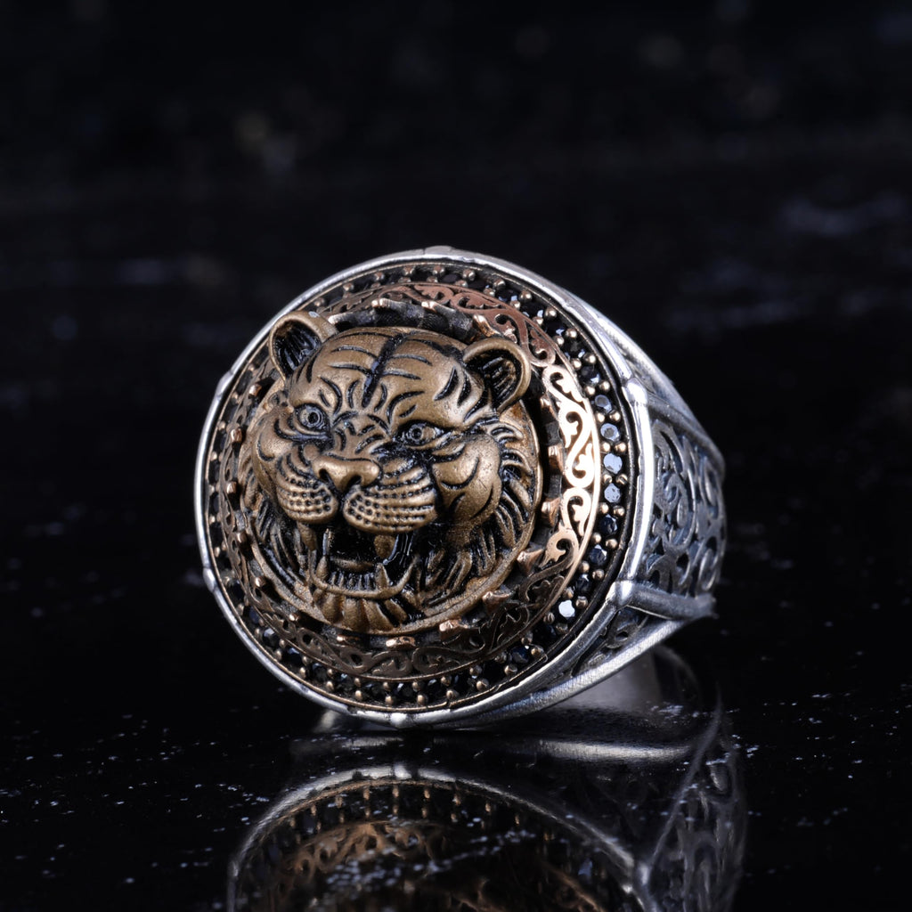 KAMBO Symbol Ring for Men 925 Sterling Silver Round Ring with Bronze Detail Handmade Ottoman Style Statement Jewelry (Tiger Head) — 4