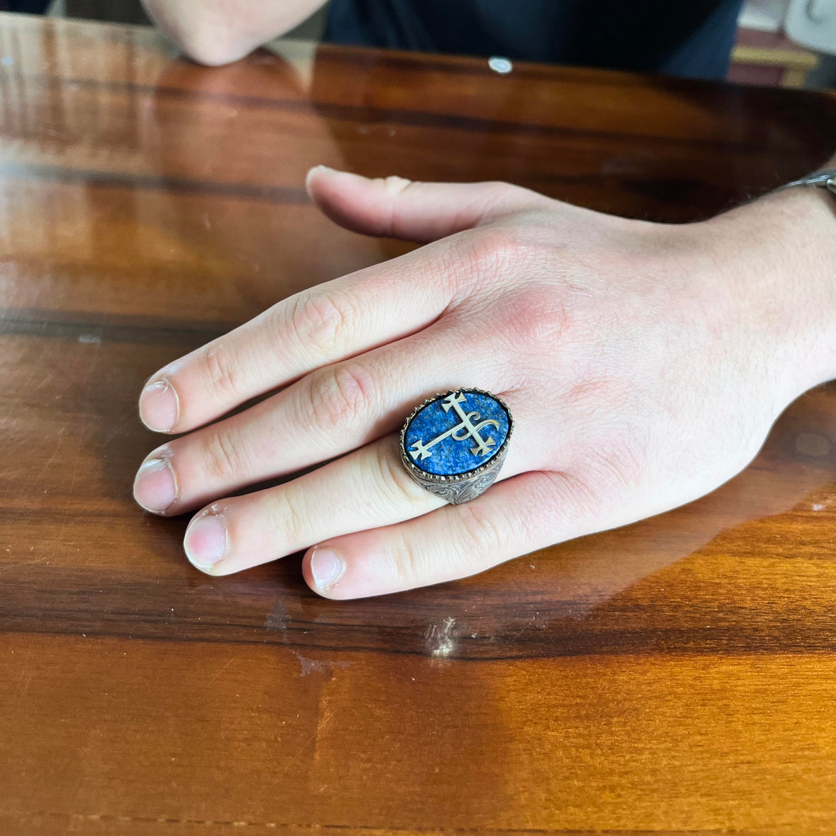 KAMBO Natural Stone 925 Sterling Silver Men's Ring – Large Oval Stone Symbolic Statement Ring (Lapis Lazuli) — 3