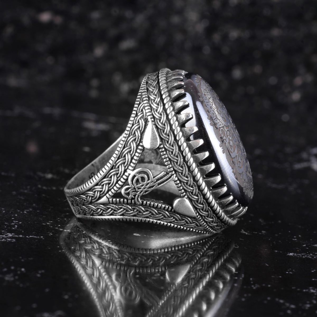 KAMBO Natural Hematite Stone Ring – 925 Sterling Silver Ottoman Tugra Design – Islamic Men's Statement Ring (Ya Ali) — 7