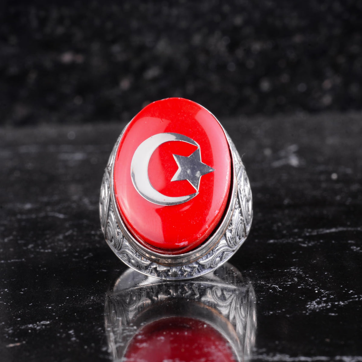 KAMBO Men's Turkish Flag Ring - Crescent and Star Symbol Statement Ring - Vintage Engraved 925 Sterling Silver Handmade Men's Jewelry — 3