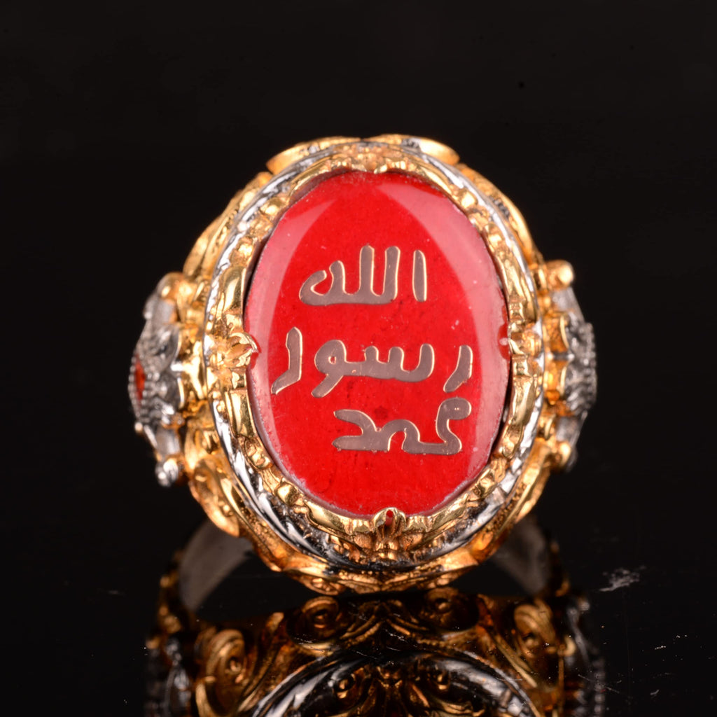 KAMBO Handmade 925 Sterling Silver Men's Ring with Created Red Agate Stone, Islamic Calligraphy Design, Vintage Statemen