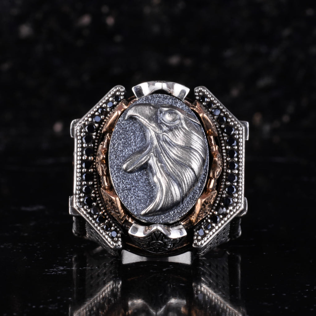 KAMBO Large Men's 925 Sterling Silver Ring Figure – Bronze Detail – Carved Statement Ring (Eagle Head) — 4