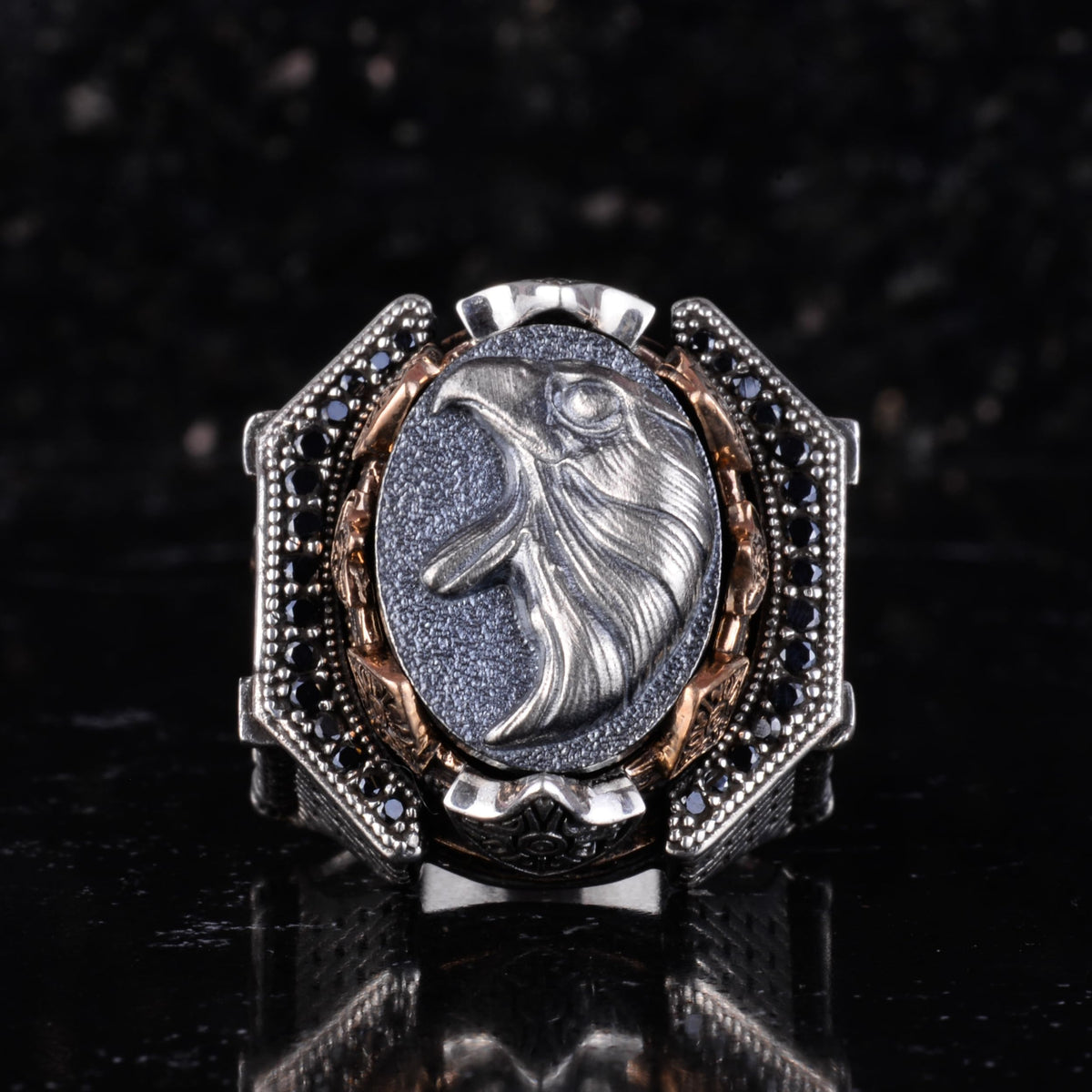 KAMBO Large Men's 925 Sterling Silver Ring Figure – Bronze Detail – Carved Statement Ring (Eagle Head) — 4