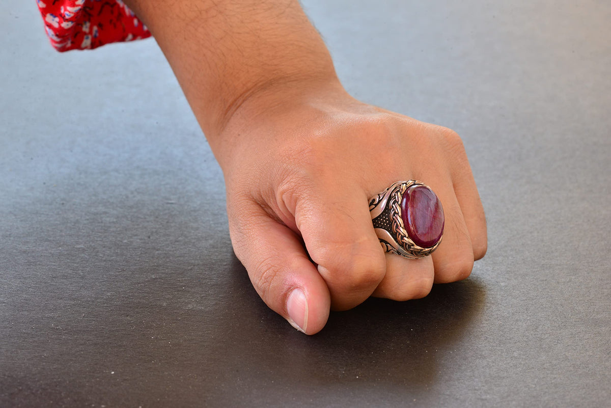 Natural Cabochon Ruby Stone Silver Men's Ring — 7