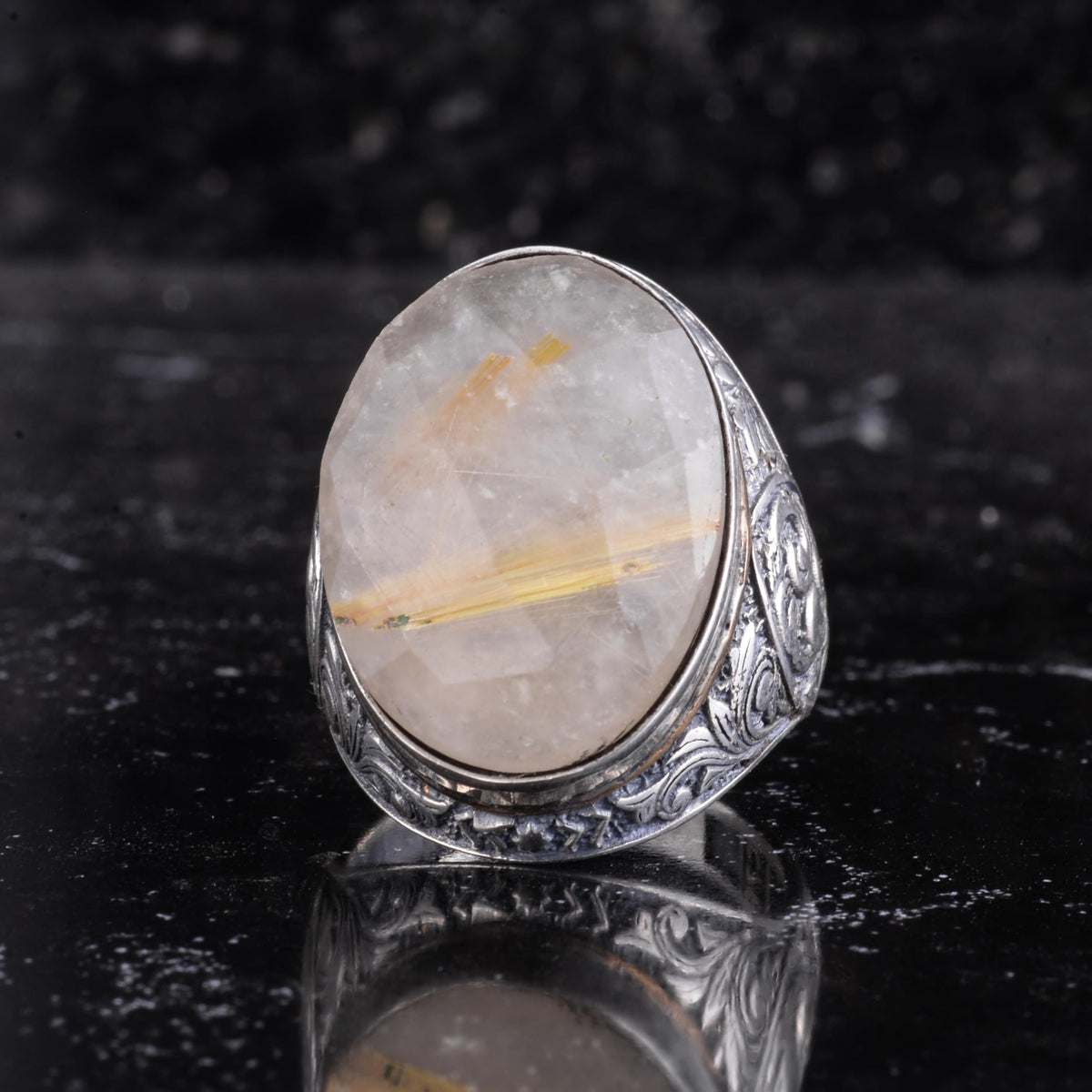 KAMBO Natural Gold Rutilated Quartz Stone Large Men's Ring - Directional Oval Stone Vintage Floral Engraved Statement Ring - 925 Sterling Silver Handmade Men's Jewelry — 5