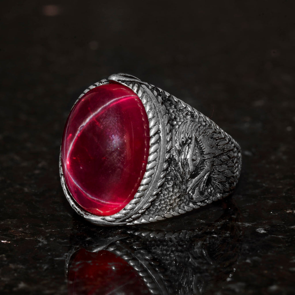 Natural Stone Men's Ring - Star Ruby, 925 Sterling Silver — 5