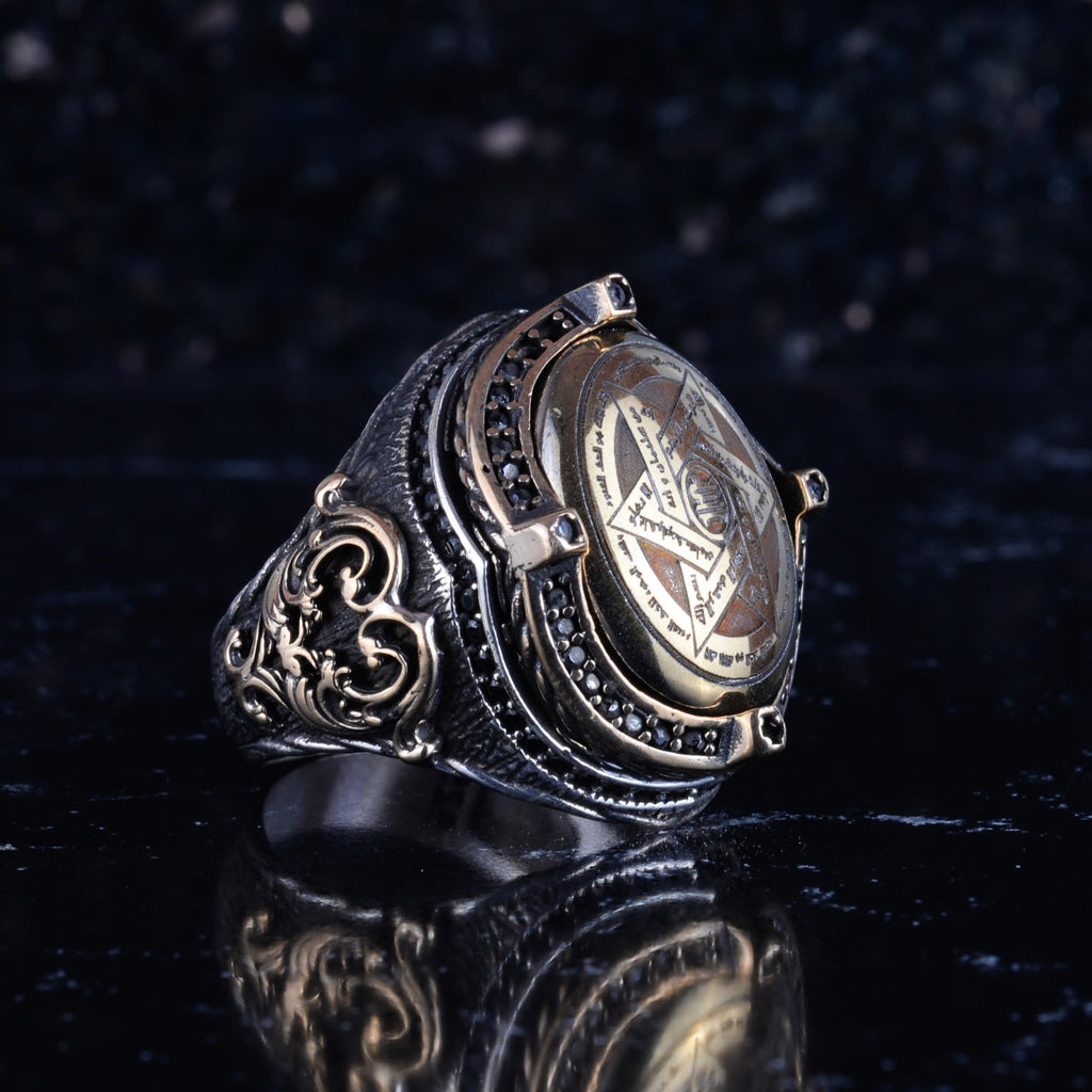 KAMBO Natural Hematite Stone Men's Ring – 925 Sterling Silver Bronze Detailed Framed Oval Statement Ring – Handmade Vintage Figurative Design — 6