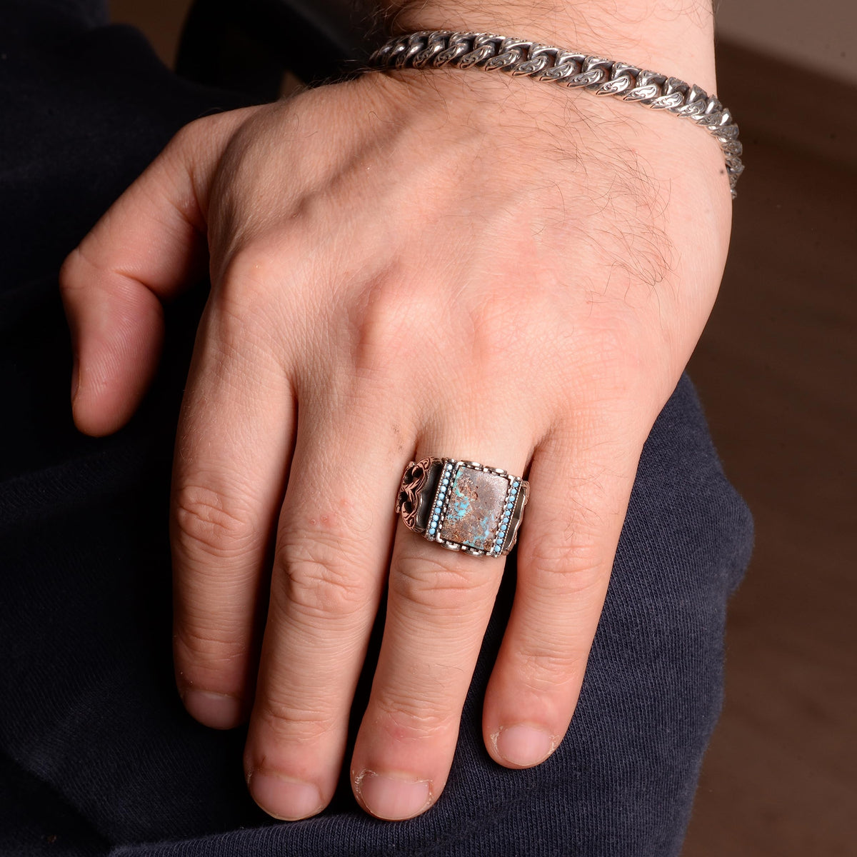 Rectangular Silver Ring, 925 Sterling Natural Arizona Turquoise Stone Ring (Model-3) — 5