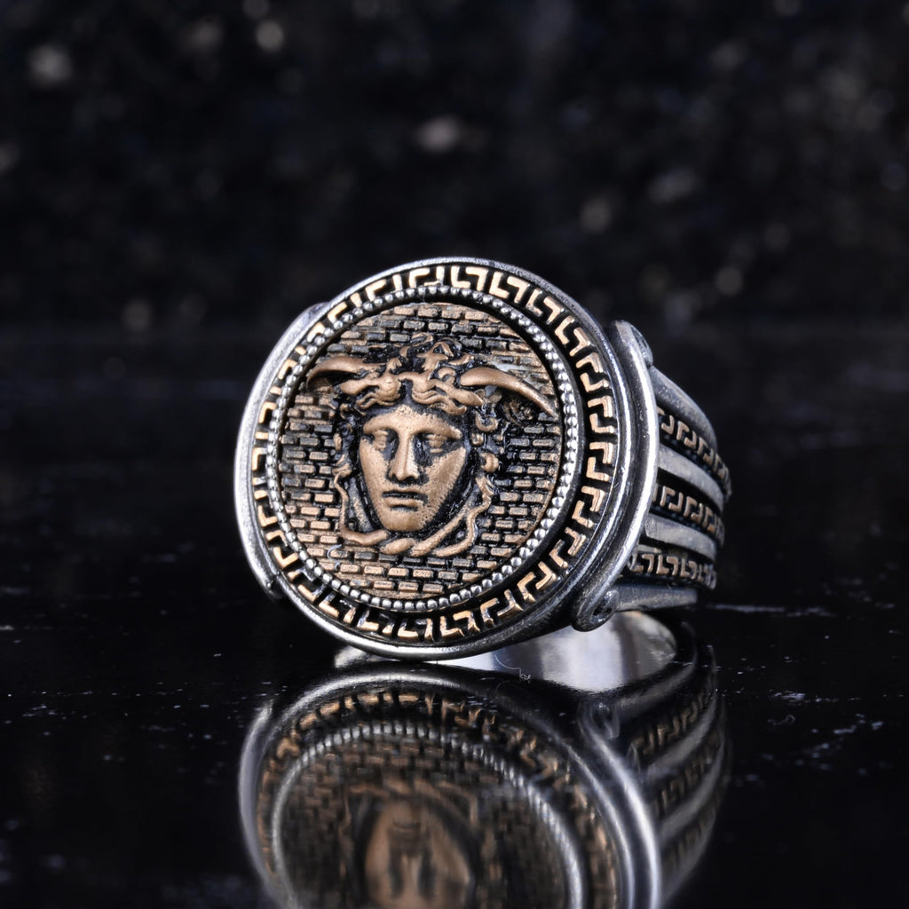 KAMBO Handmade Vintage Medusa Head Ring for Men – 925 Sterling Silver Gothic Statement Jewelry with Bronze Details, Symb