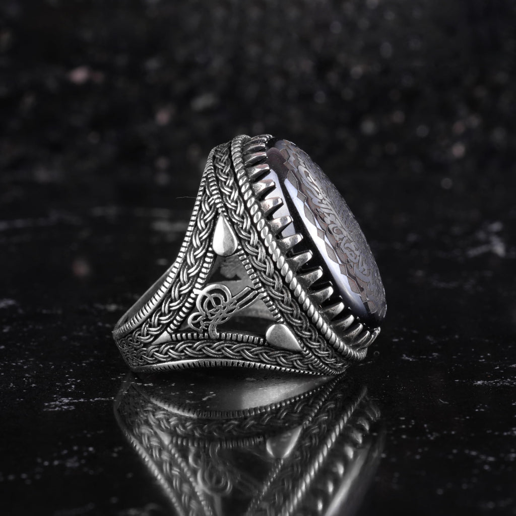 KAMBO Natural Hematite Stone Ring – 925 Sterling Silver Ottoman Tugra Design – Islamic Men's Statement Ring (Arabic Allah Inscription) — 5