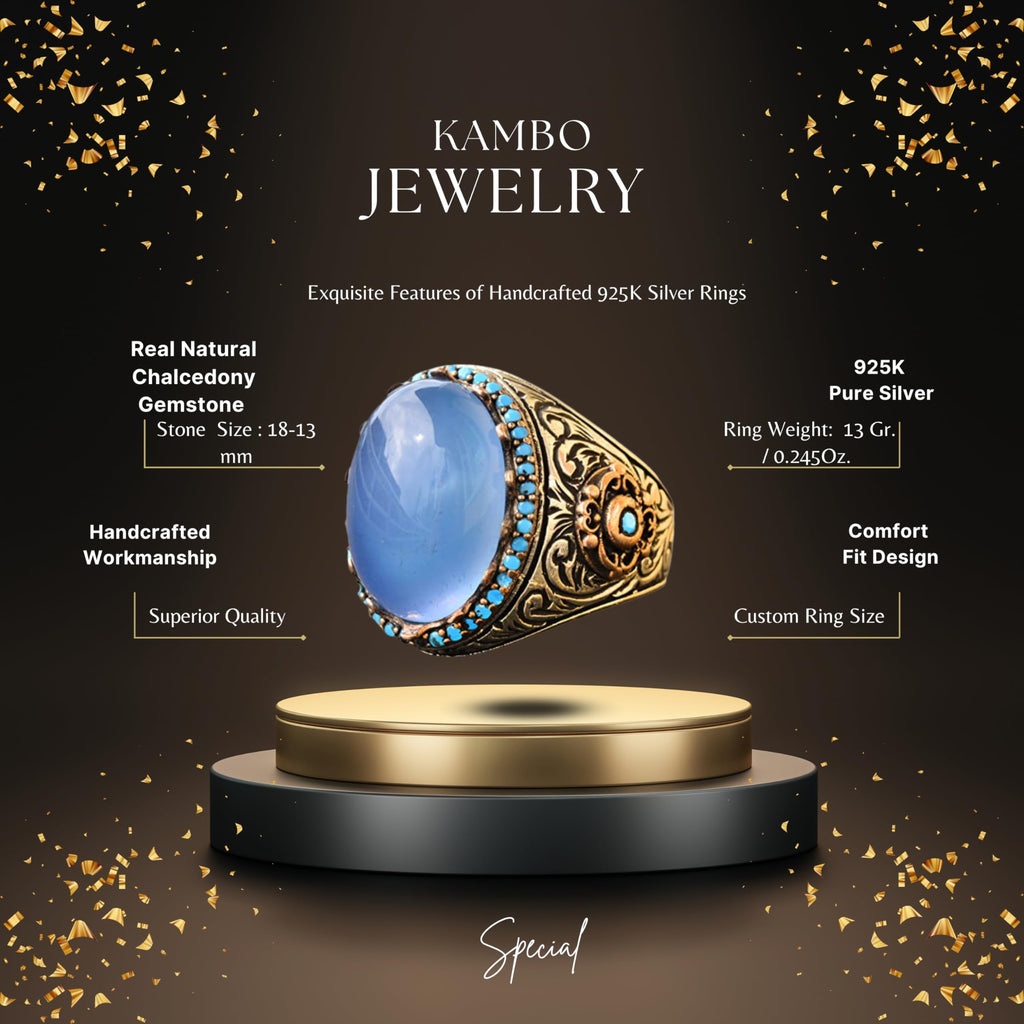 KAMBO Handmade Men's Sterling Silver Ring with Real Natural Chalcedony Gemstone, 11.40 Carat, Vintage Statement Cocktail