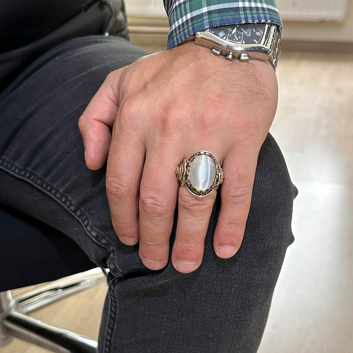 KAMBO Lion Symbol Ring - White Cat's Eye Creation Stone - 925 Sterling Silver Men's Ring - Handmade Design Silver Ring — 3