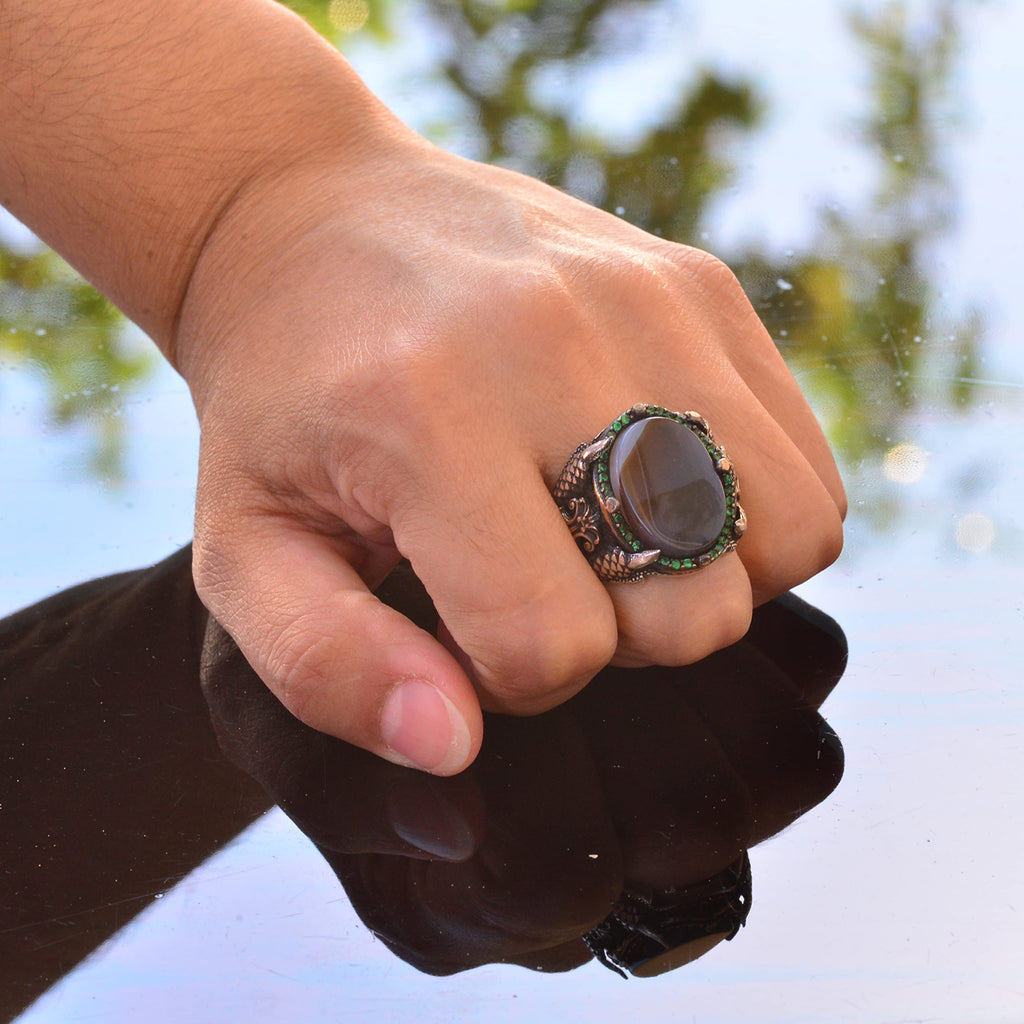 925 Sterling Silver Men's Ring, Handmade Vintage Style Silver Ring with Natural Agate Stone — 7