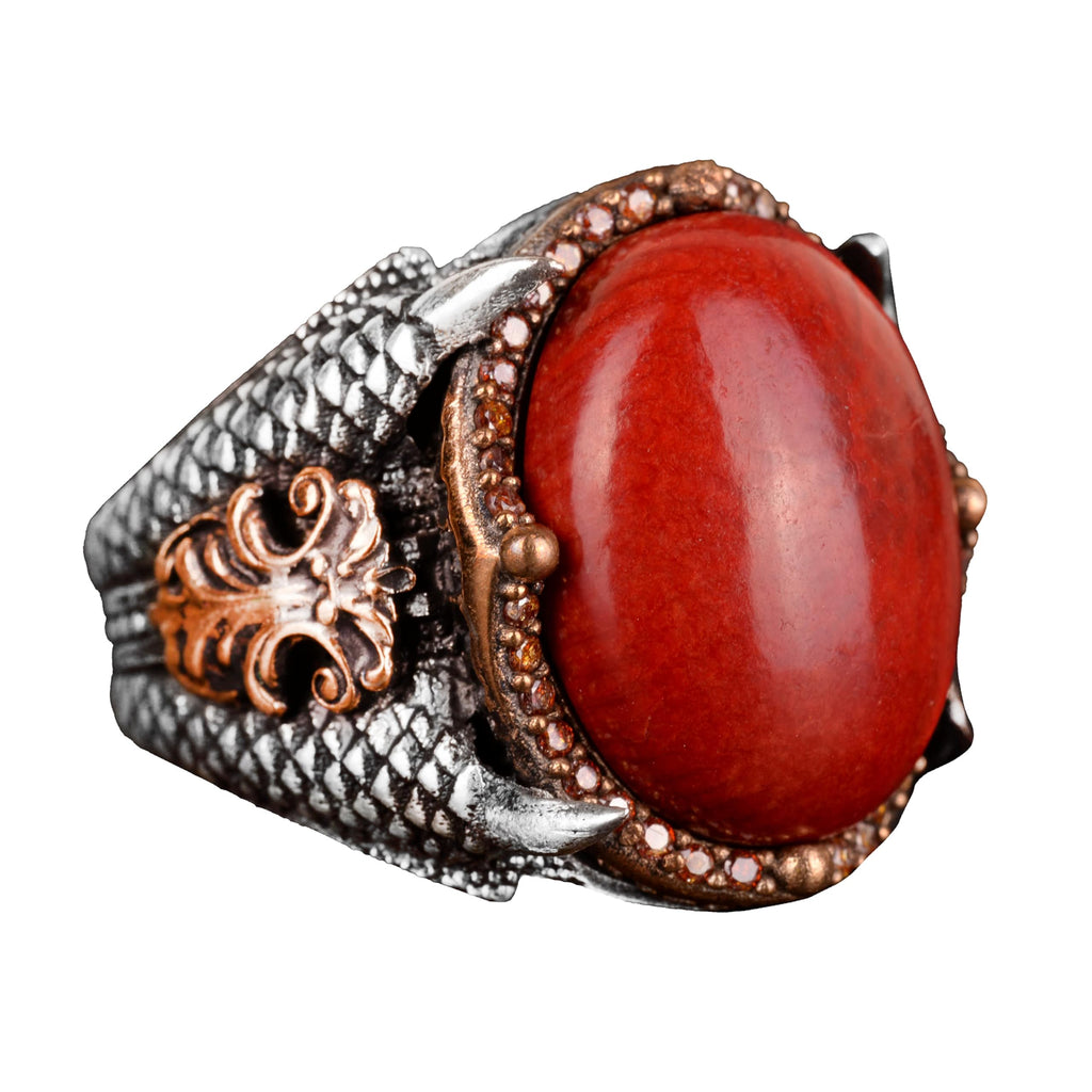 Natural Coral Stone Ring - Handmade 925 Sterling Silver Ring
