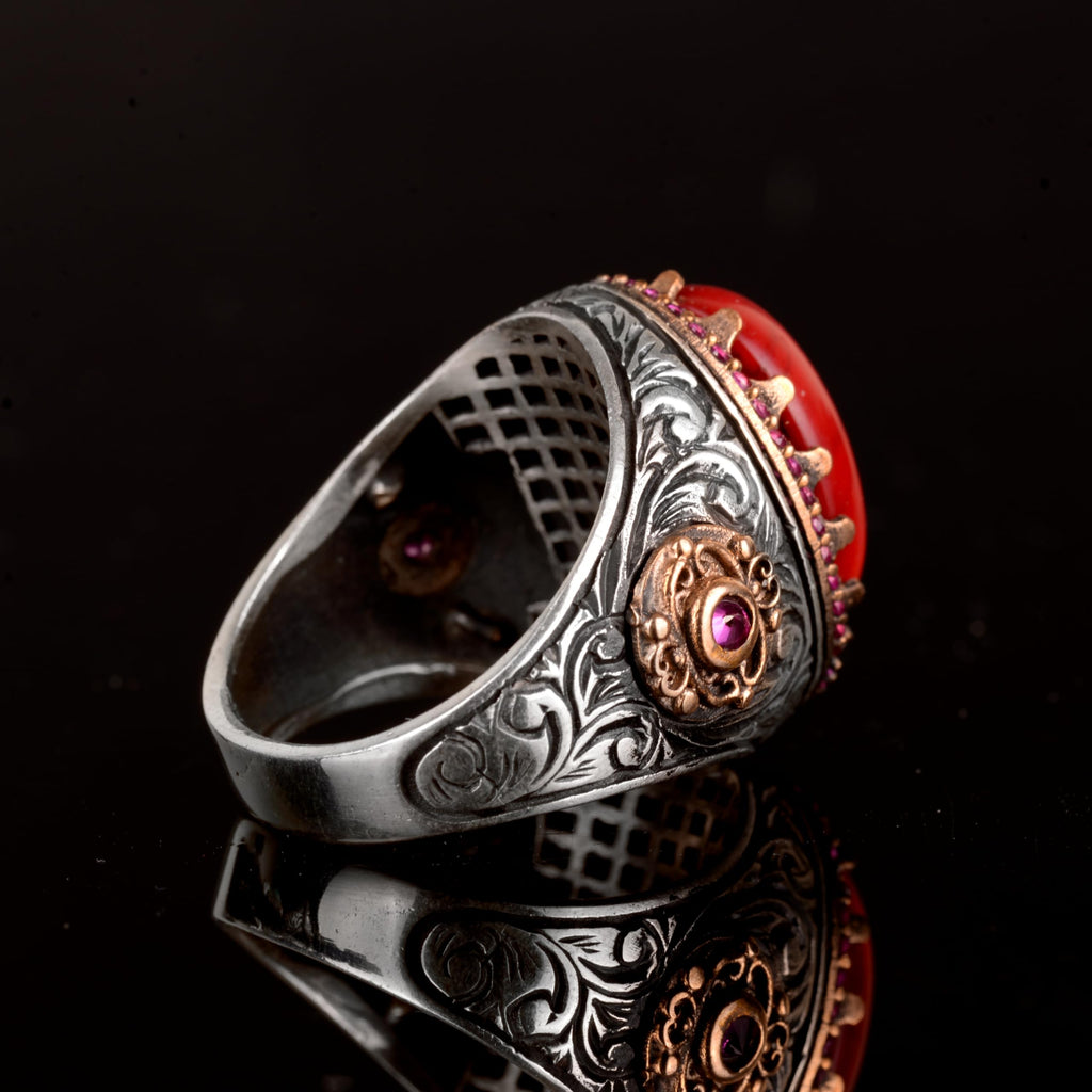 Natural Coral Stone Ring - 925 Sterling Silver — 7