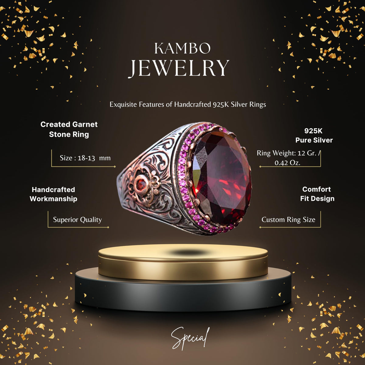 Garnet Stone King Ring, Silver Men's Ring — 2