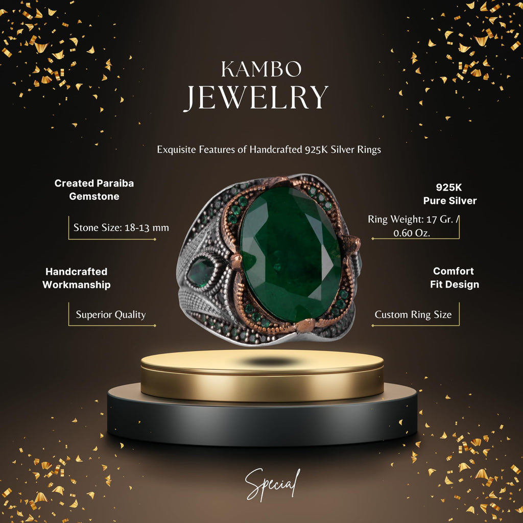 Green Paraiba Synthetic Stone Ring - 925 Sterling Silver Ring, Handcrafted Stone Jewelry — 2