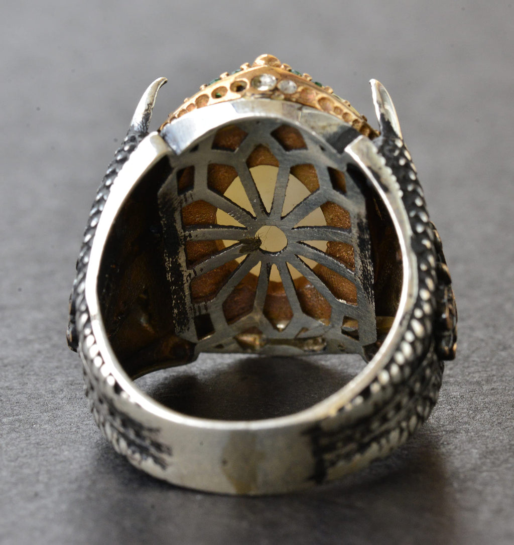 Silver Double-Headed Eagle Ring - Green Stones and Pearl — 8