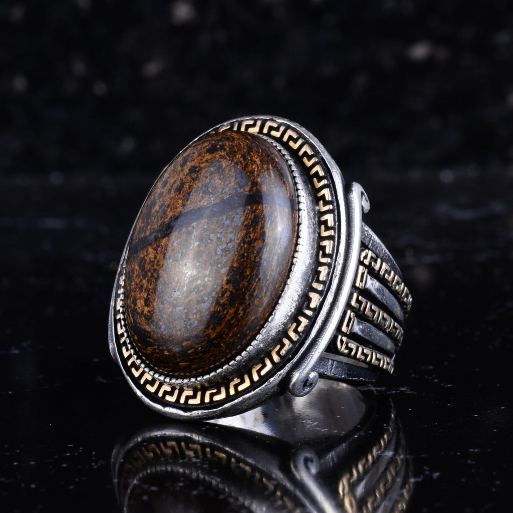 KAMBO Men's Genuine Natural Stone Ring – 925 Sterling Silver Large Statement Ring – Handmade Vintage Design – Dark Silver Ring (Bronzite) — 5