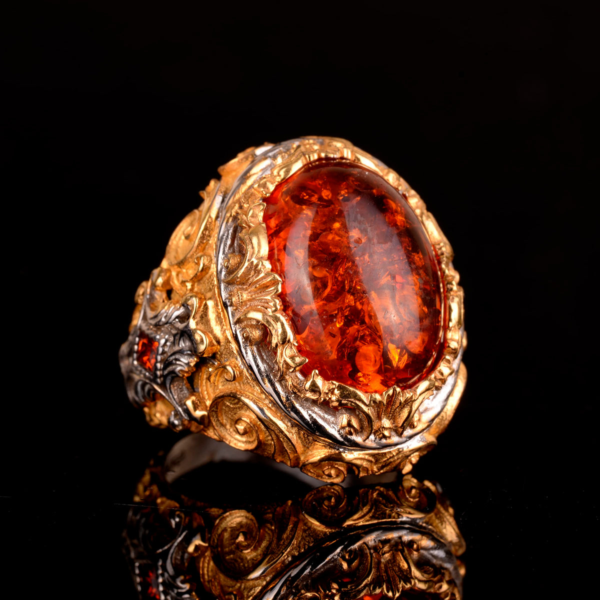 Synthetic Amber Stone Ring, 925 Sterling Silver Men's King Ring, Gold Plated — 3