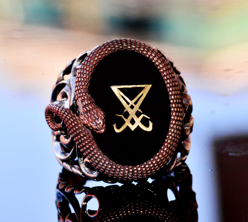 925 Sterling Silver Men's Ring - Artificial Onyx Stone - Snake Design - Signet Ring (Lucifer) — 5