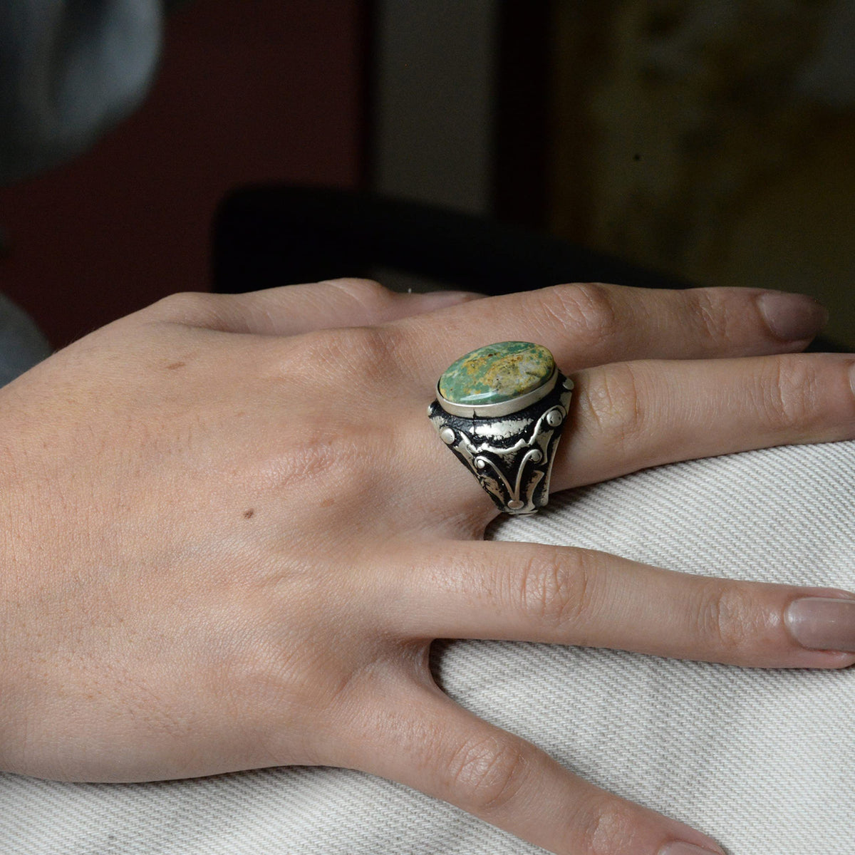 KAMBO Handmade Men's Ring with Natural Arizona Turquoise Stone in 925 Sterling Silver - Vintage Style-3 Statement Jewelr