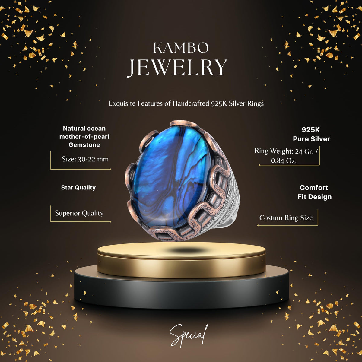 KAMBO Natural Ocean Mother of Pearl Large Men's Ring – Blue Seashell Stone – 925 Sterling Silver Handmade Statement Ring – Vintage Ottoman Style Men's Jewelry — 2